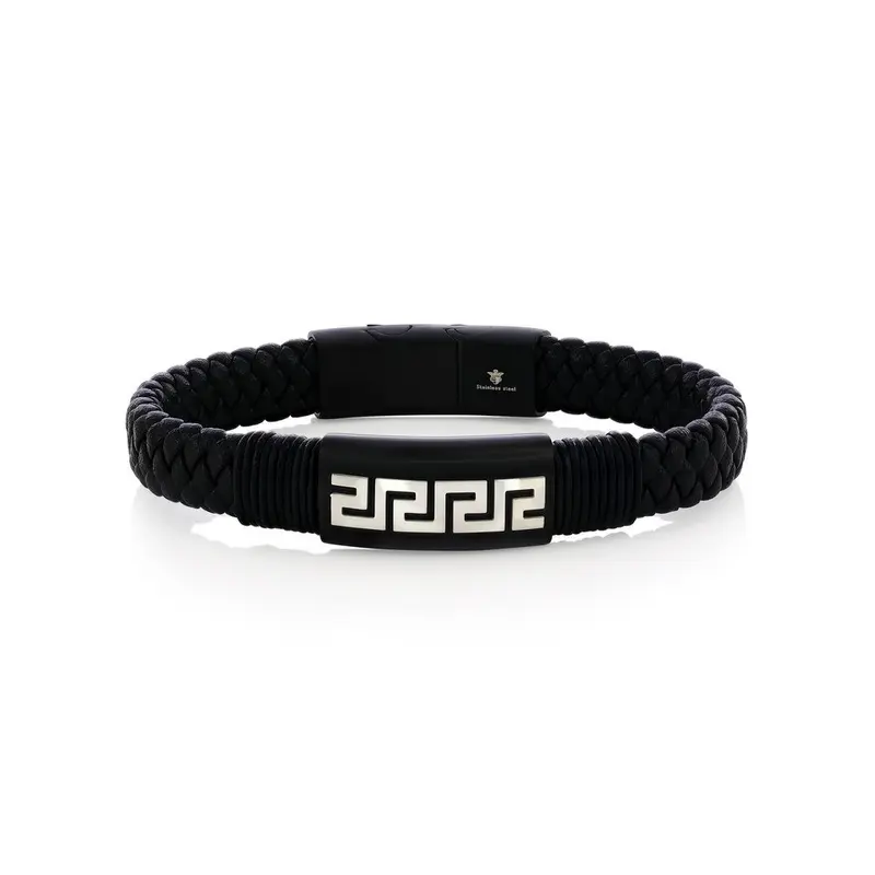 Stainless Steel, Braided Leather Greek Key Bracelet - Black