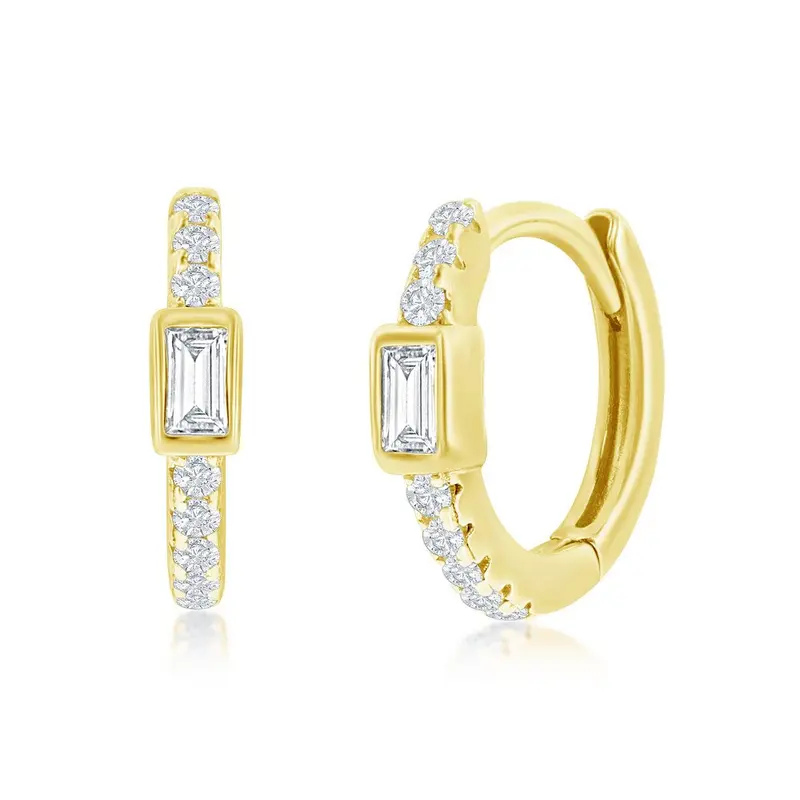 Sterling Silver 11MM Center Rectangle CZ Huggie Hoop Earrings - Gold Plated