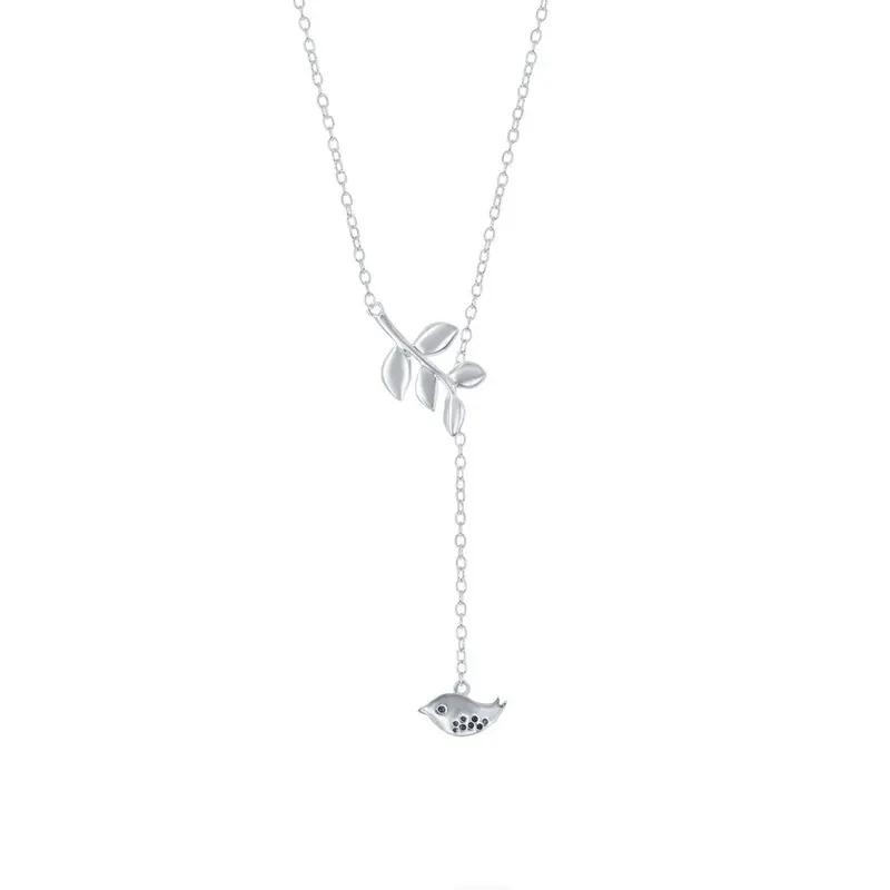Sterling Silver Leaf with Hanging Bird Lariat Necklace