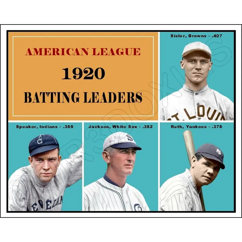 1920 AL Batting Leaders Colorized 8X10 Photo - Ruth Jackson Speaker Sisler - 2289