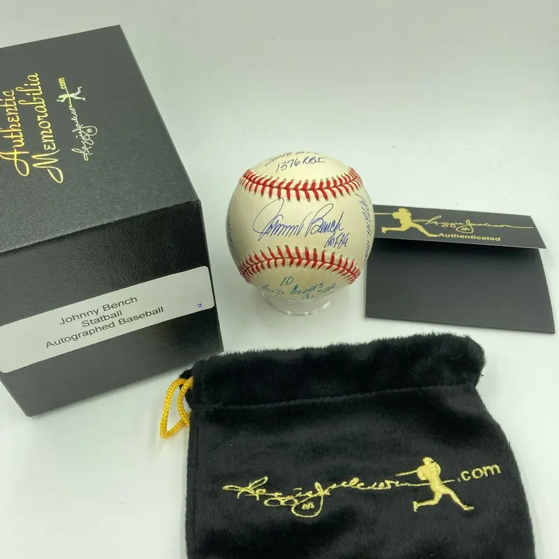 Johnny Bench Signed Heavily Inscribed Career STAT Baseball Reggie Jackson COA