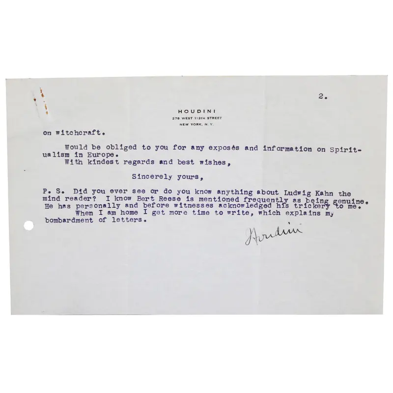 Harry Houdini Signed 5.5x8.25 2 Page Letter Dated July 7, 1926 BAS #AE13542