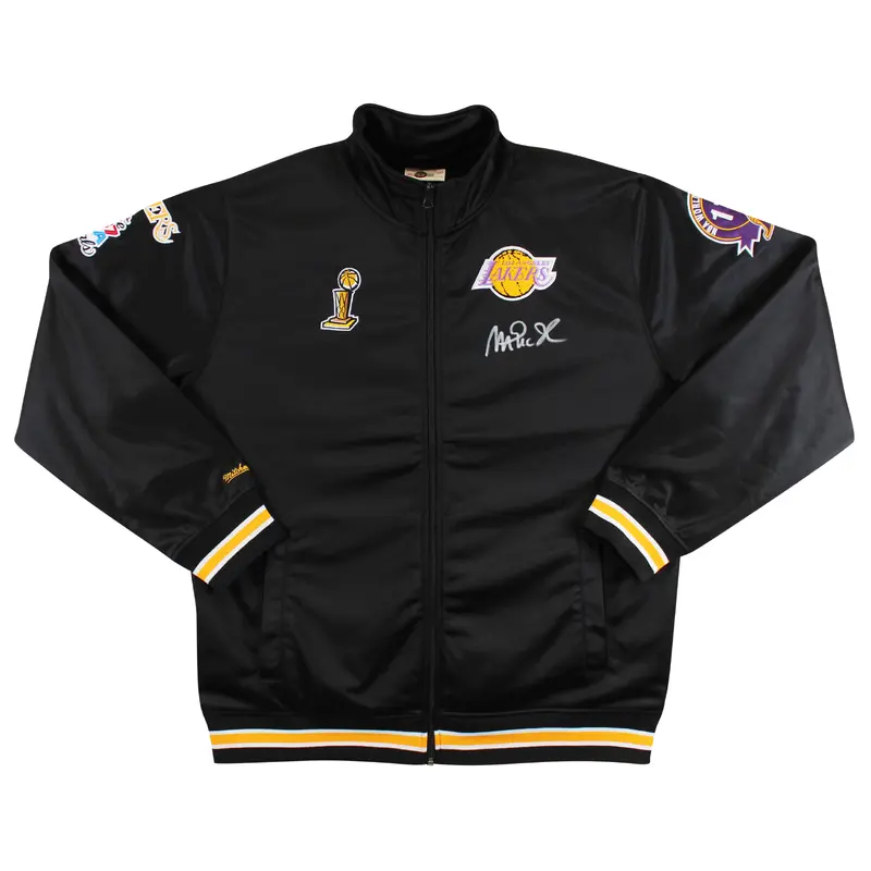 Lakers Magic Johnson Signed Black M&N Warm Up Jacket w/ Patches BAS Witnessed