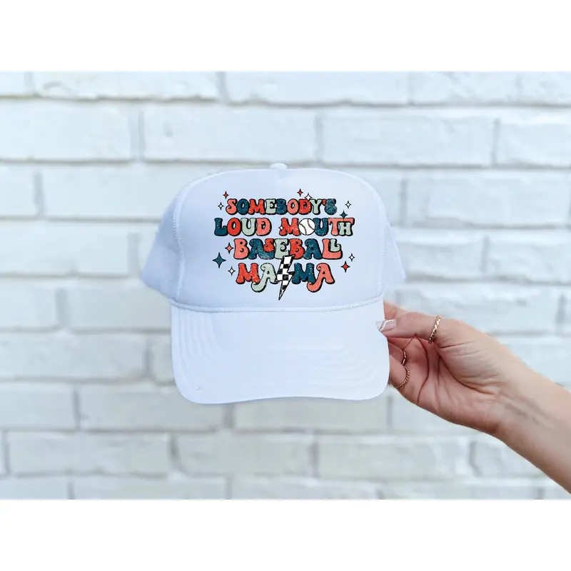 Loud Mouth Baseball Mama DTF Printed White Trucker Hat