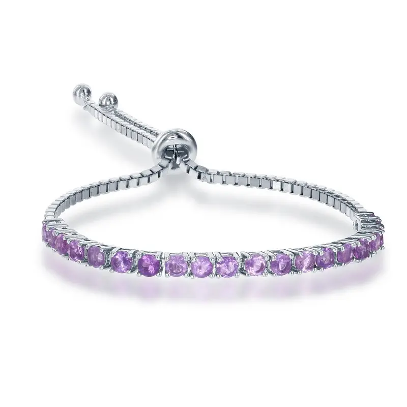 Sterling Silver 3mm Half Tennis, Adjustable Bolo Bracelet - Amethyst
