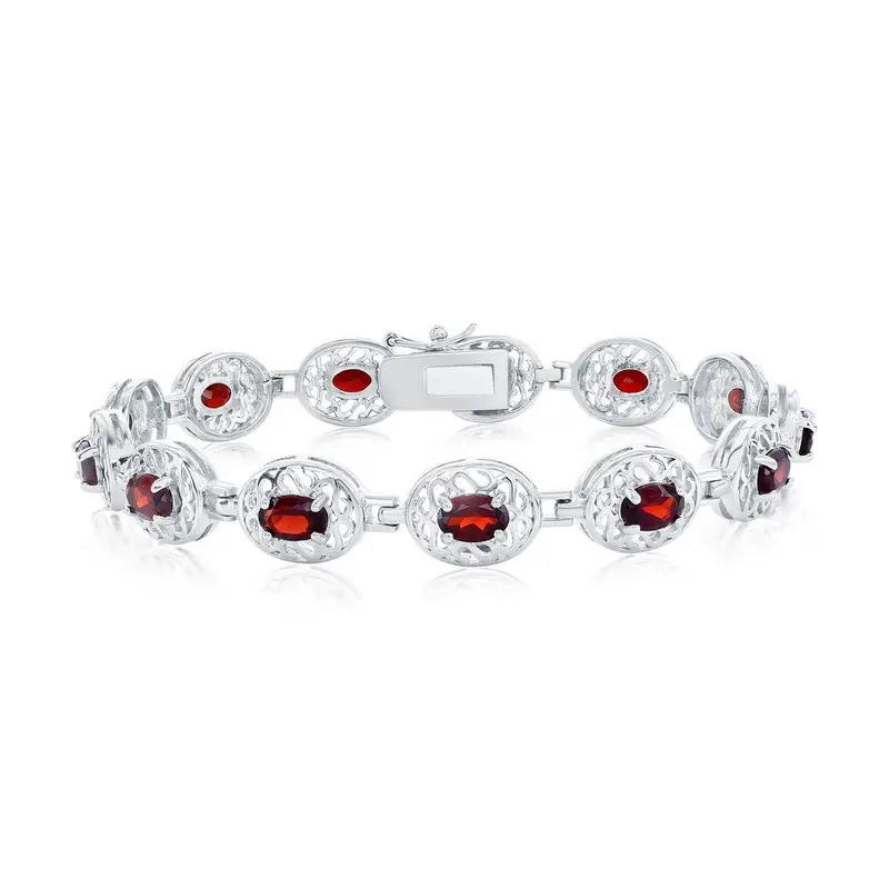 Sterling Silver Designed Oval Gem Bracelet - Ruby