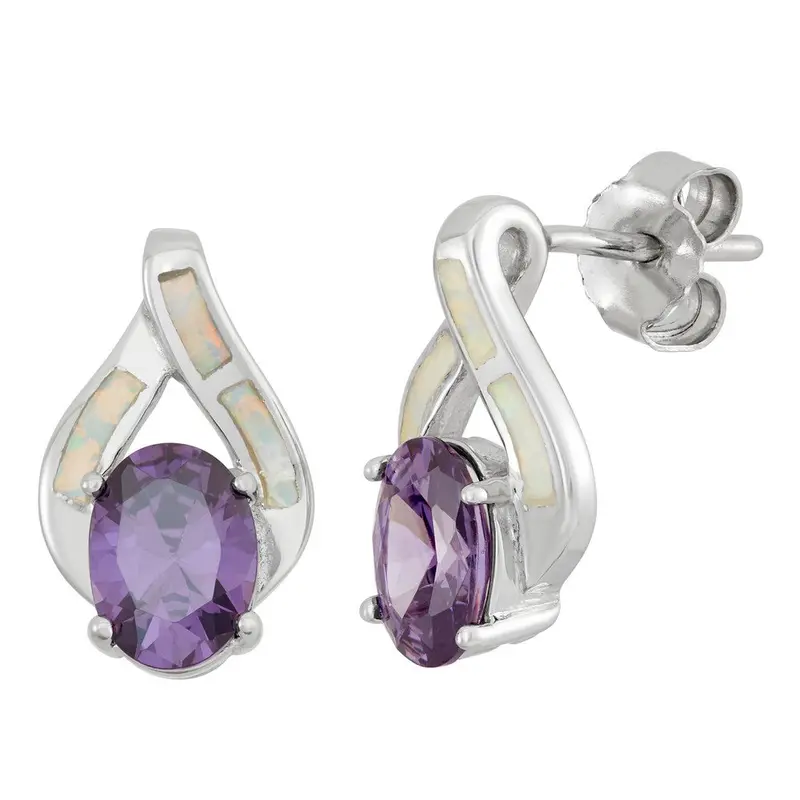 Sterling Silver White Inlay Opal w/ Large Purple Oval CZ Earrings