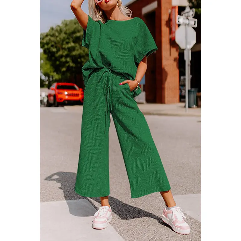 Dark Green Textured Loose Fit T Shirt and Drawstring Pants Set