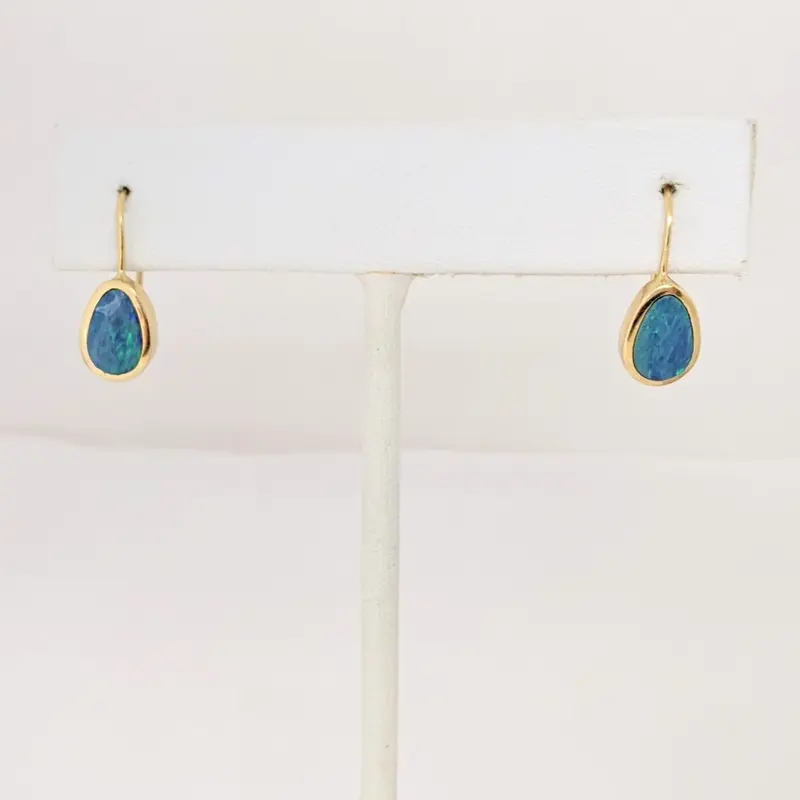 14K DOUBLET OPAL PEAR 5X8 HOOK DANGLE ESTATE EARRINGS 2.3 GRAMS