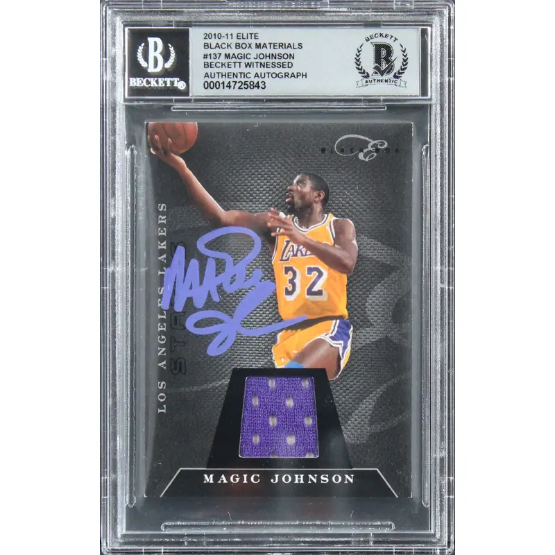 Magic Johnson Signed 2010 Elite Black Box Materials #137 Card Auto 10! BAS Slab