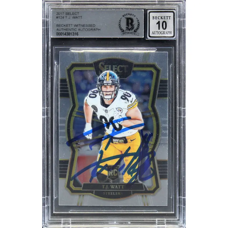 Steelers T.J. Watt Signed 2017 Select #124 Rookie Card Auto 10! BAS Slabbed