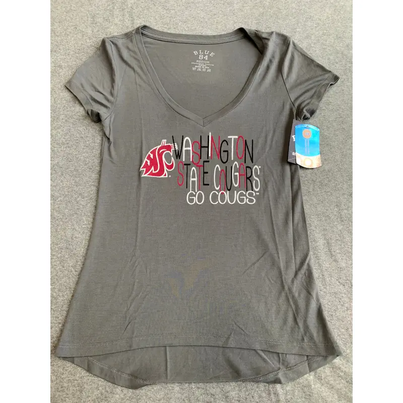 Ladies Grey v-neck Multi-Colored Lettering