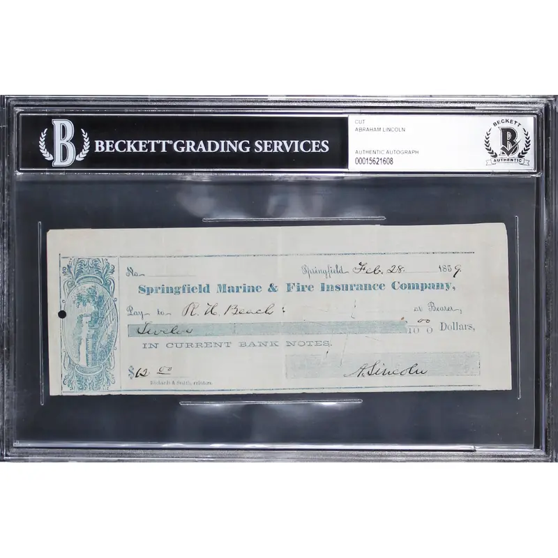 Abraham Lincoln Signed 2.75x7.5 1859 Springfield Marine & Fire Check BAS Slabbed