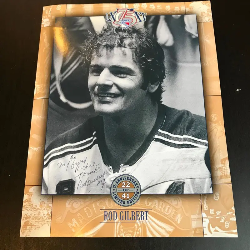 Rod Gilbert Signed 75th Anniversary New York Rangers Commemorative Photo