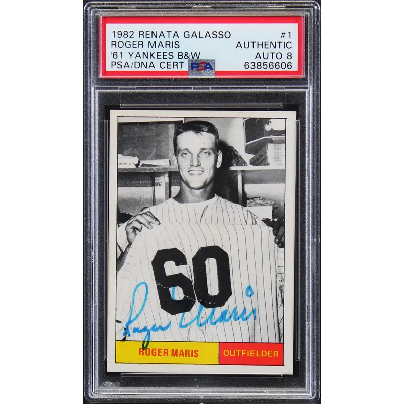 Yankees Roger Maris Signed 1982 Renata Galasso '61 B&W #1 Card Auto 8 PSA Slab