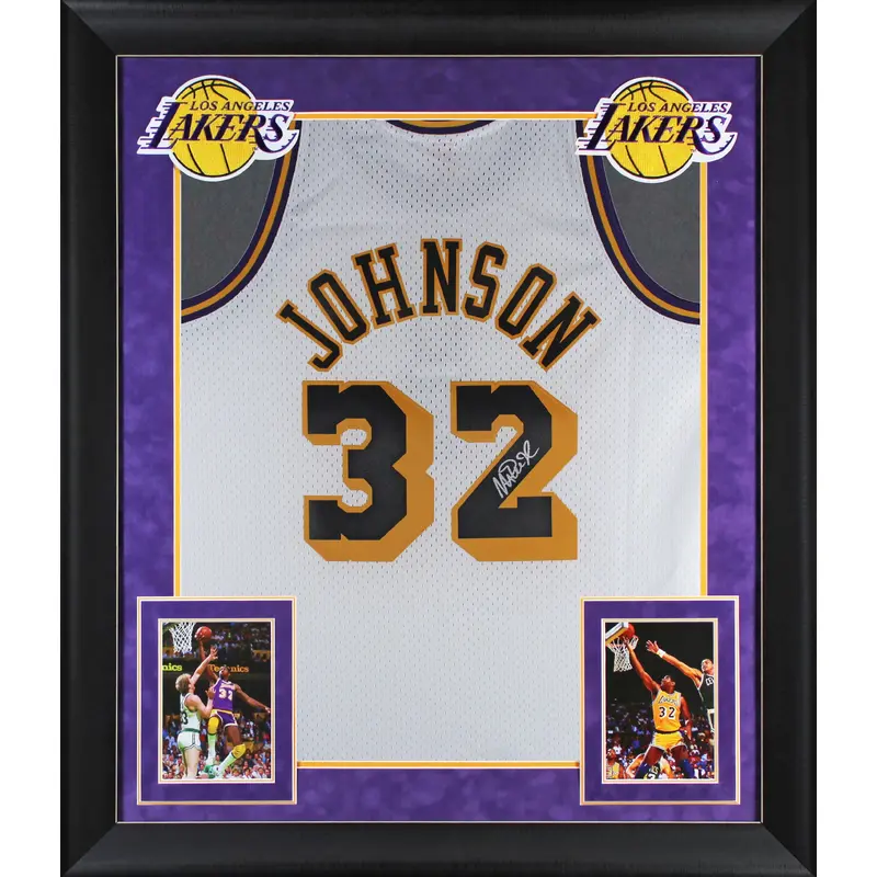 Lakers Magic Johnson Signed White M&N 1984-85 HWC Swingman Framed Jersey BAS Wit