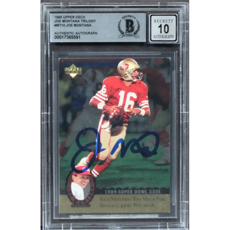 49ers Joe Montana Signed 1995 Upper Deck Trilogy #MT16 Card Auto 10! BAS Slab 2