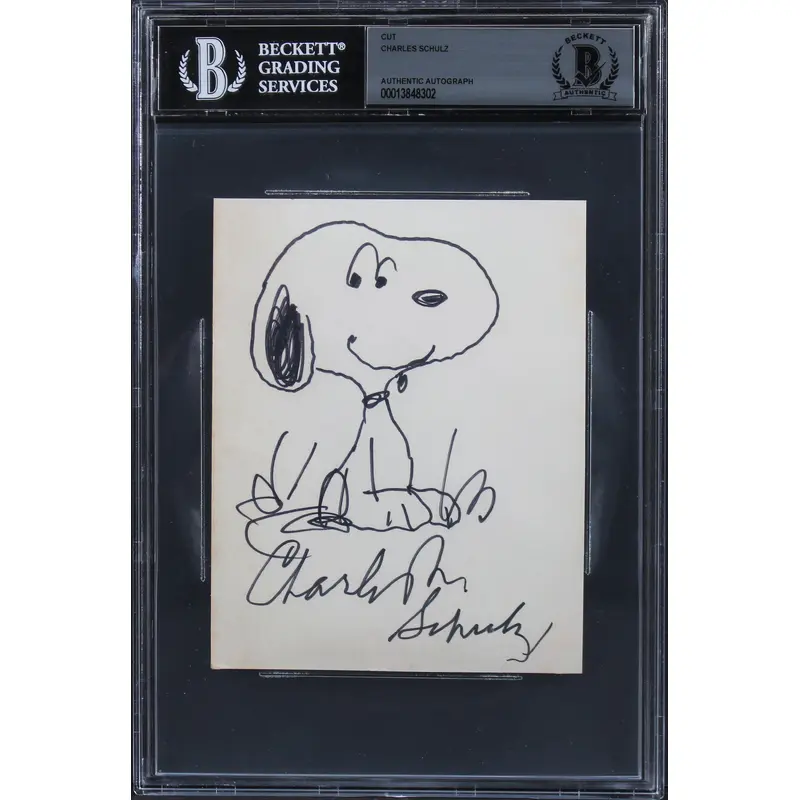 Charles Schulz Peanuts Signed 4x5.35 Cut Signature w/ Snoopy Sketch BAS Slabbed