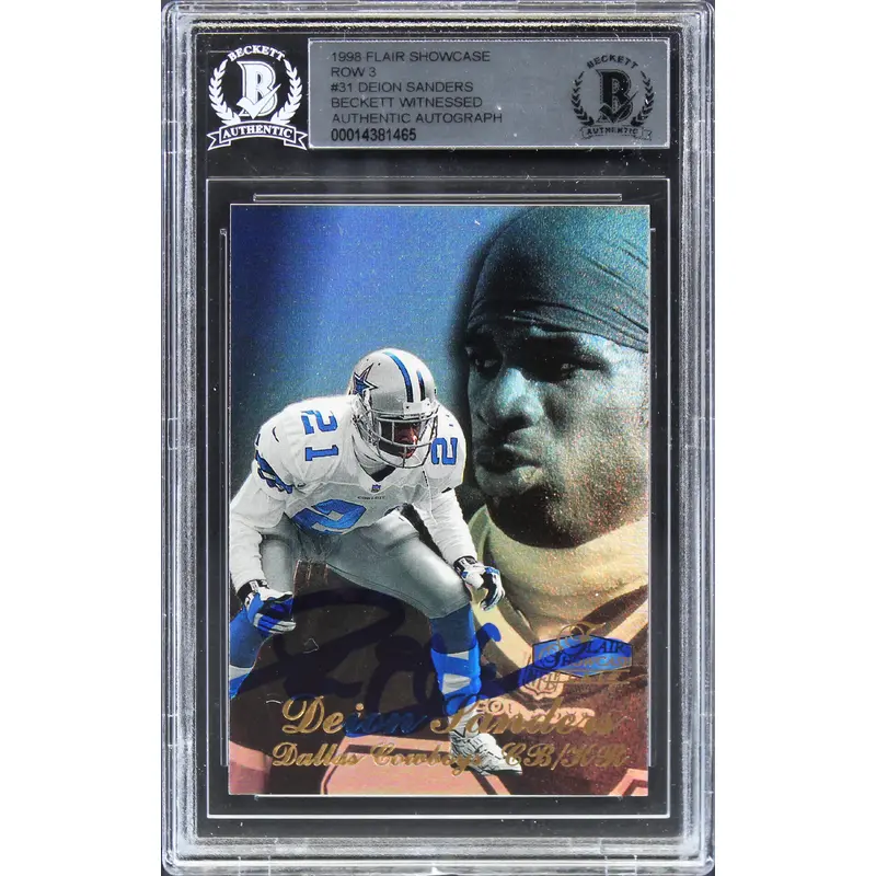 Cowboys Deion Sanders Signed 1998 Flair Showcase Row 3 #31 Card BAS Slabbed 1