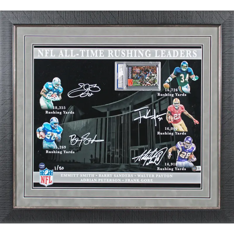NFL Leading Rushers (5) Payton, Smith, Sanders, Gore Framed Display LE #1/50 BAS
