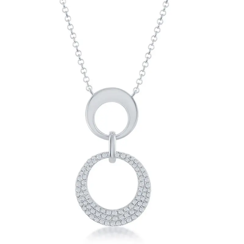 Sterling Silver Shiny Open Circle & Mirco Pave Open Circle Necklace