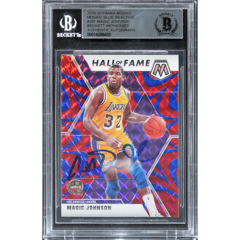 Lakers Magic Johnson Signed 2019 Panini Mosaic Blue Reactive #291 Card BAS Slab