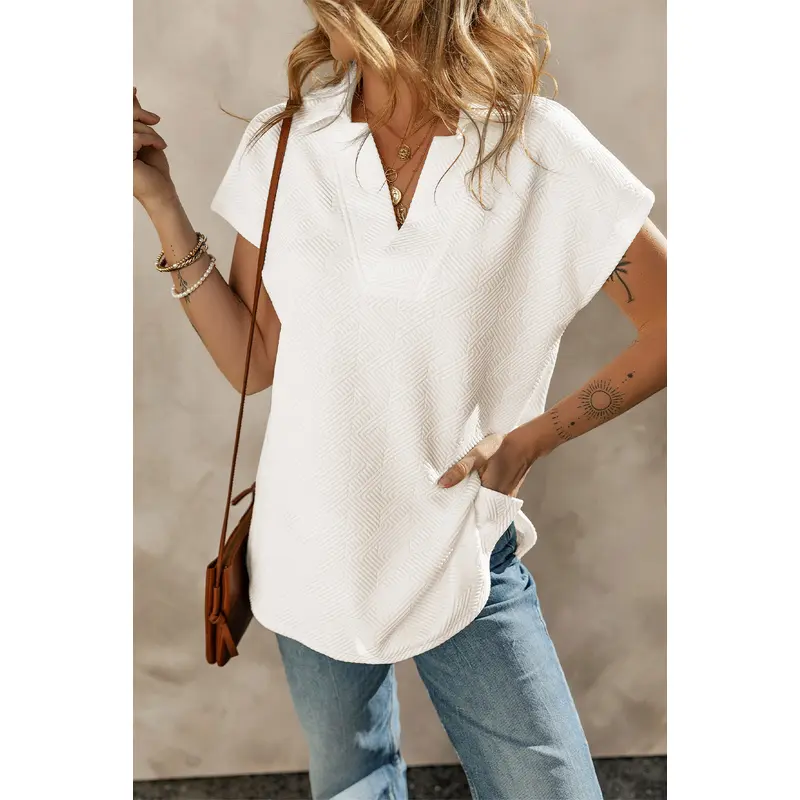 White Textured V Neck Collared Short Sleeve Top