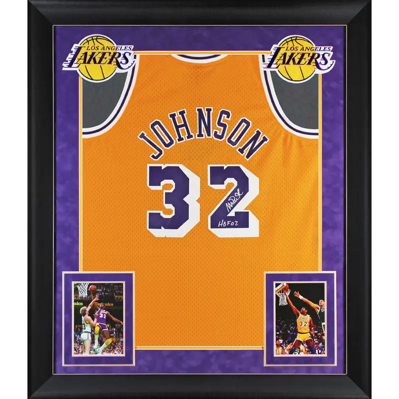 Lakers Magic Johnson "HOF 02" Signed Yellow M&N HWC Swingman Framed Jersey BAS W