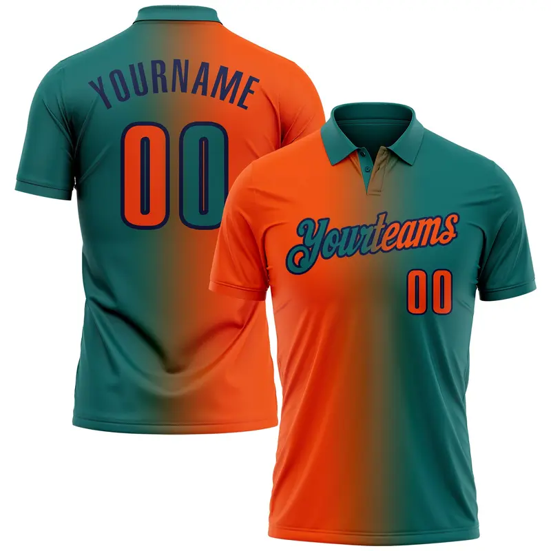 Custom Teal Orange-Navy 3D Gradient Fashion Performance Polo Shirt