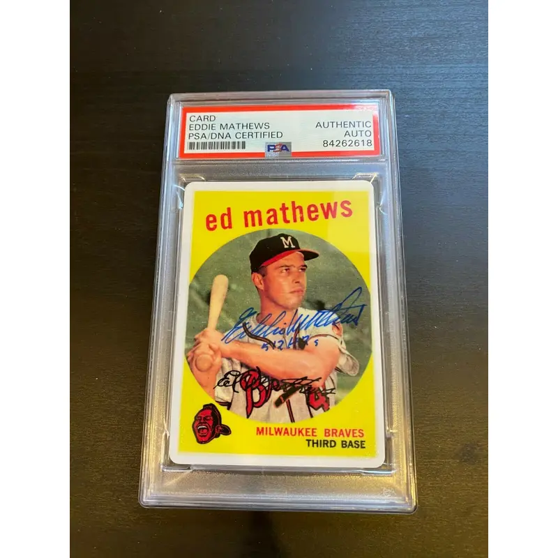 1959 Topps Eddie Mathews RC Signed Porcelain Baseball Card PSA DNA "512 HR's"