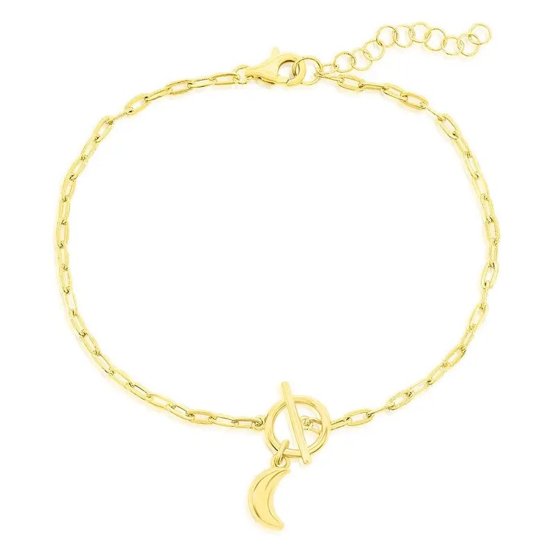 Sterling Silver Crescent Moon Charm Paperclip Toggle Bracelet - Gold Plated