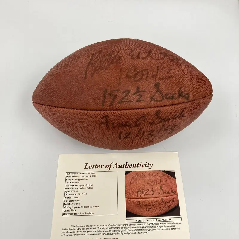 Reggie White 192 Sacks Final Sack 12/13/1998 Signed NFL Game Football JSA COA