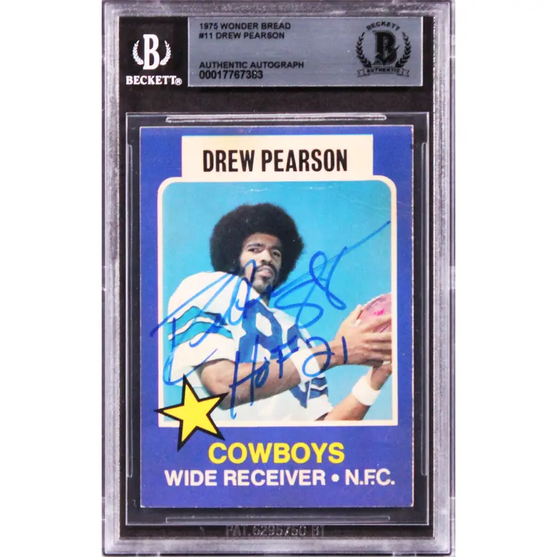 Cowboys Drew Pearson "HOF 21" Signed 1975 Wonder Bread #11 Card BAS Slabbed 1