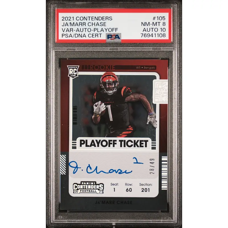 Ja'Marr Chase 2021 Panini Contenders Playoff Auto #28/49 PSA 8 Auto 10