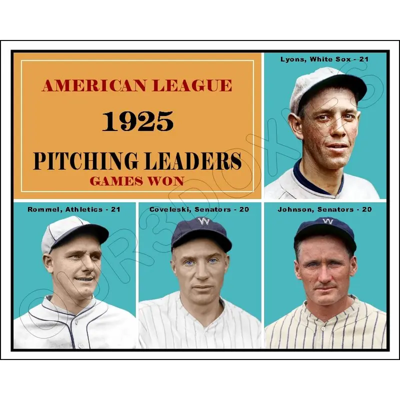 1925 AL Wins Leaders Colorized 8X10 Photo - Johnson Coveleski Lyons Rommel - 2286