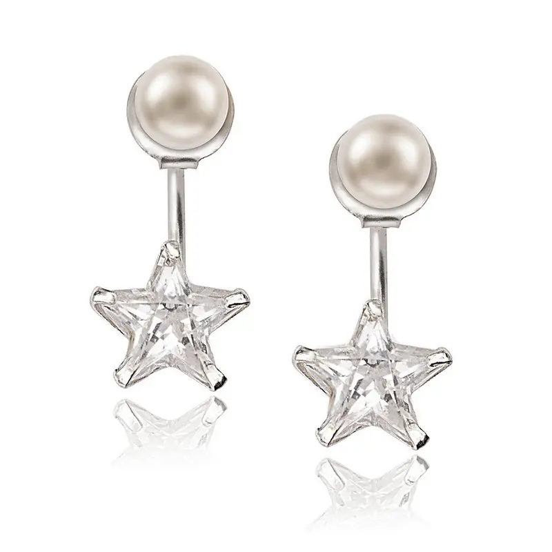 Sterling Silver 5mm Pearl Front with 9mm Star Shaped CZ Back Earrings