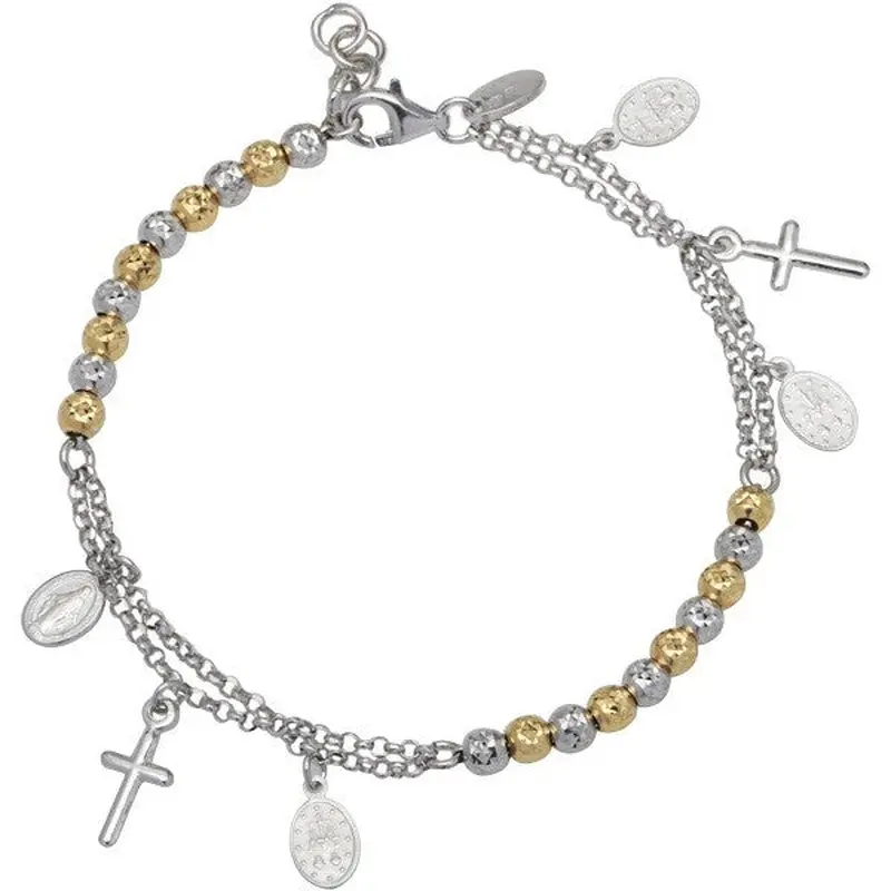 Sterling Silver Diamond-Cut Beads with Cross and Medal Charm Bracelet - Two-Tone