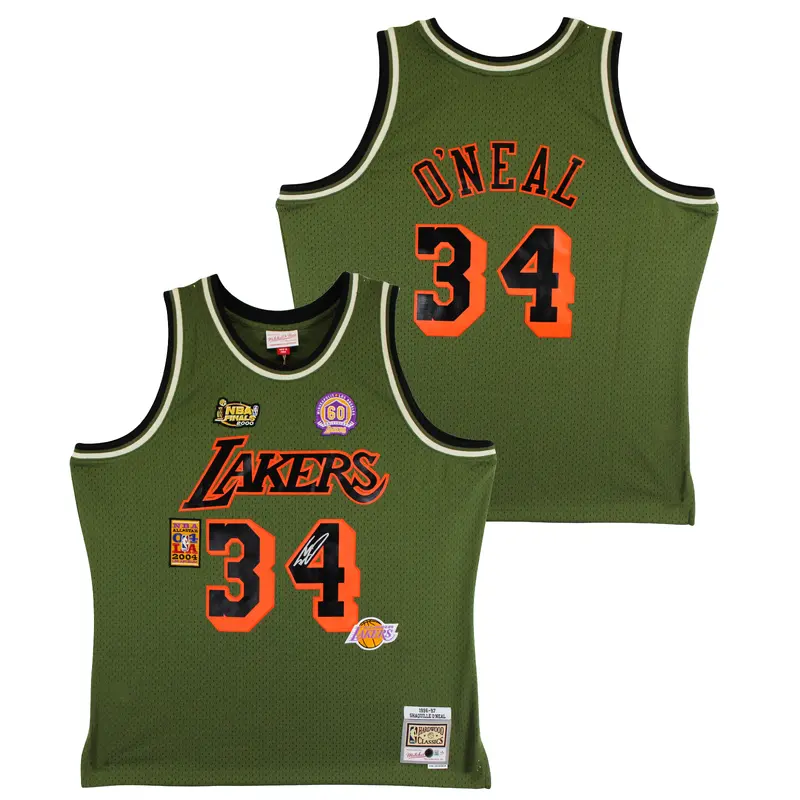 Lakers Shaquille O'Neal Signed Green M&N 1996-97 HWC Swingman Jersey BAS Witness