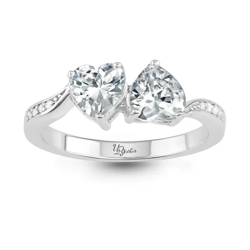 Sterling Silver "Us2gether" 6mm Two-Stone Heart CZ with Half CZ Band Ring