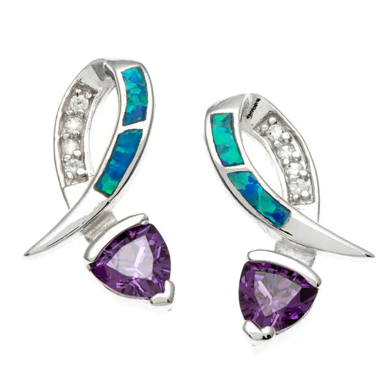 Sterling Silver CZ and Blue Inlay Opal w/Purple CZ Earrings