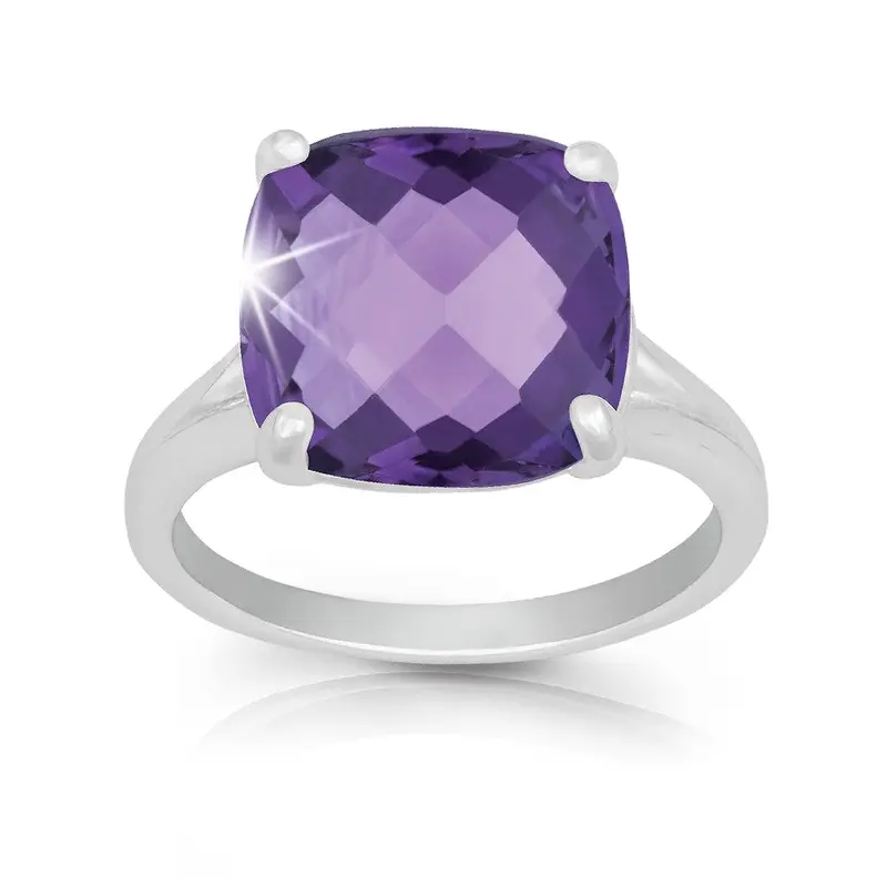 Sterling Silver Large Square Gemstone Ring - Amethyst