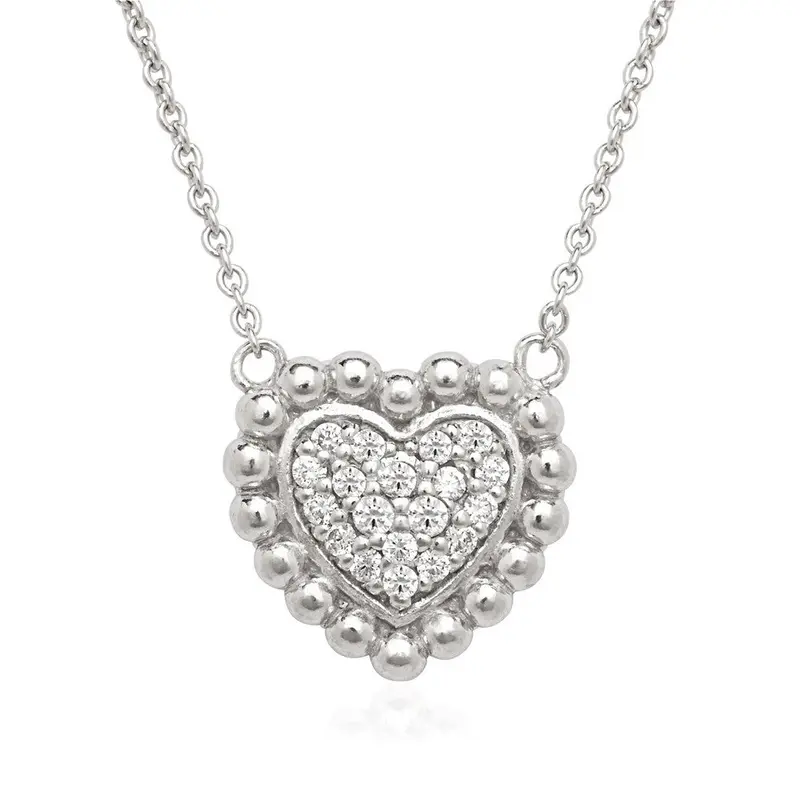 Sterling Silver  Small CZ Heart with Beaded Border Necklace