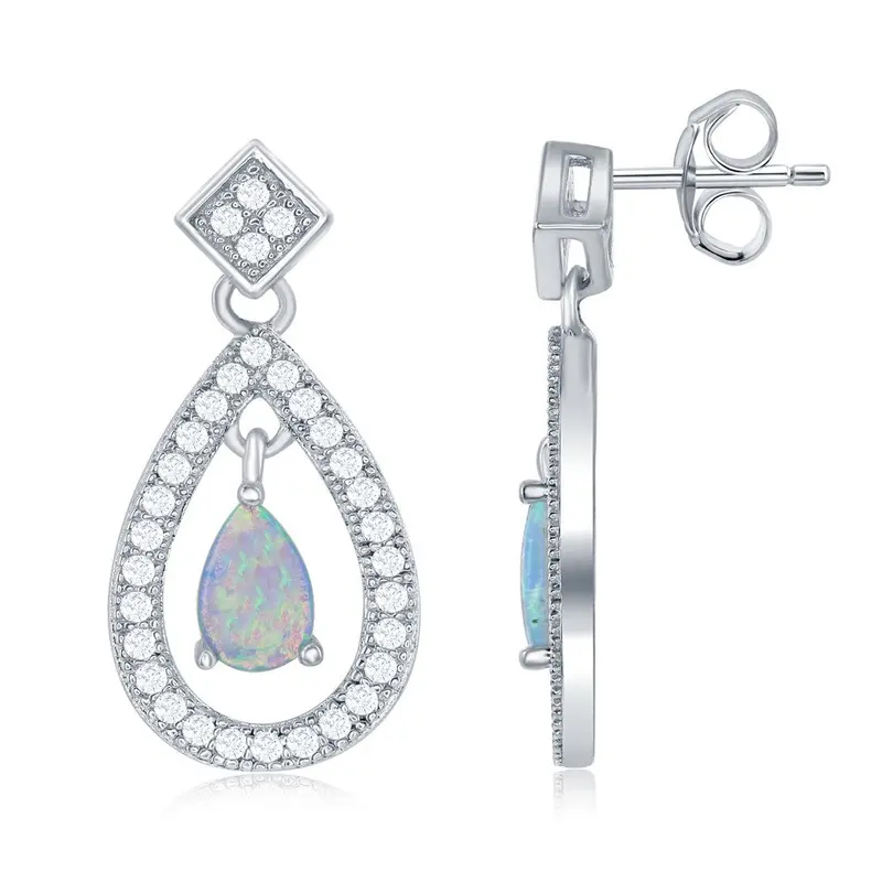 Sterling Silver Open Teardrop with Center Opal and CZ Border Earrings