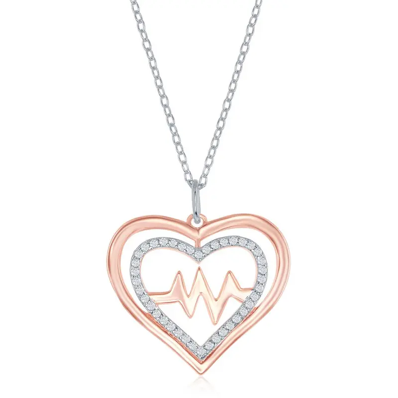 Sterling Silver Shiny and CZ Open Heart & Center Heartbeat Necklace - Rose Gold Plated