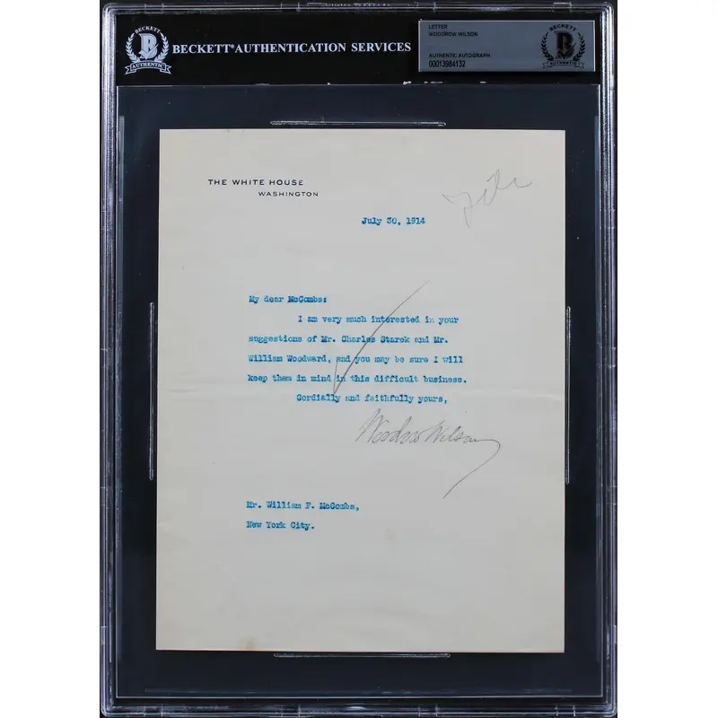 Woodrow Wilson Signed 7x8.75 1914 Letter On White House Letterhead BAS Slab