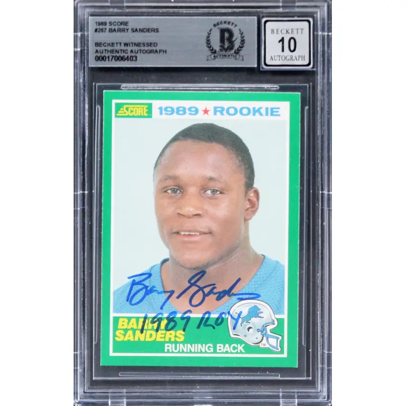Lions Barry Sanders "1989 ROY" Signed 1989 Score #257 Rookie Auto 10! BAS Slab