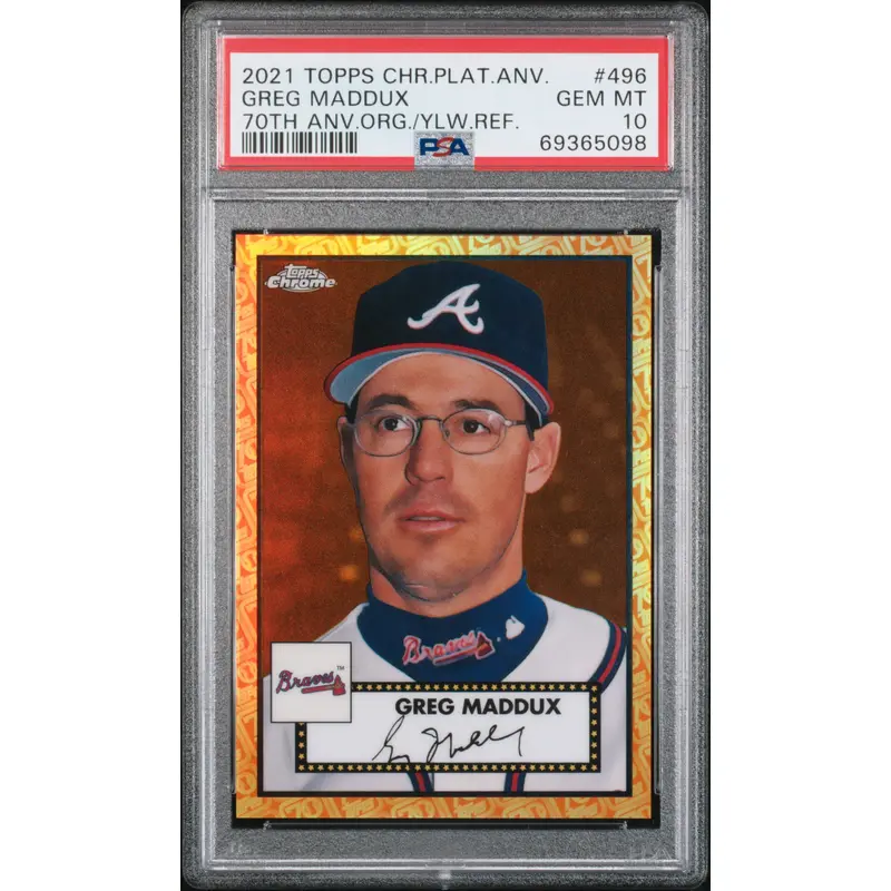 Greg Maddux 2021 Topps Chrome Platinum Anniversary Orange/Yellow #496 #15/25 PSA 10