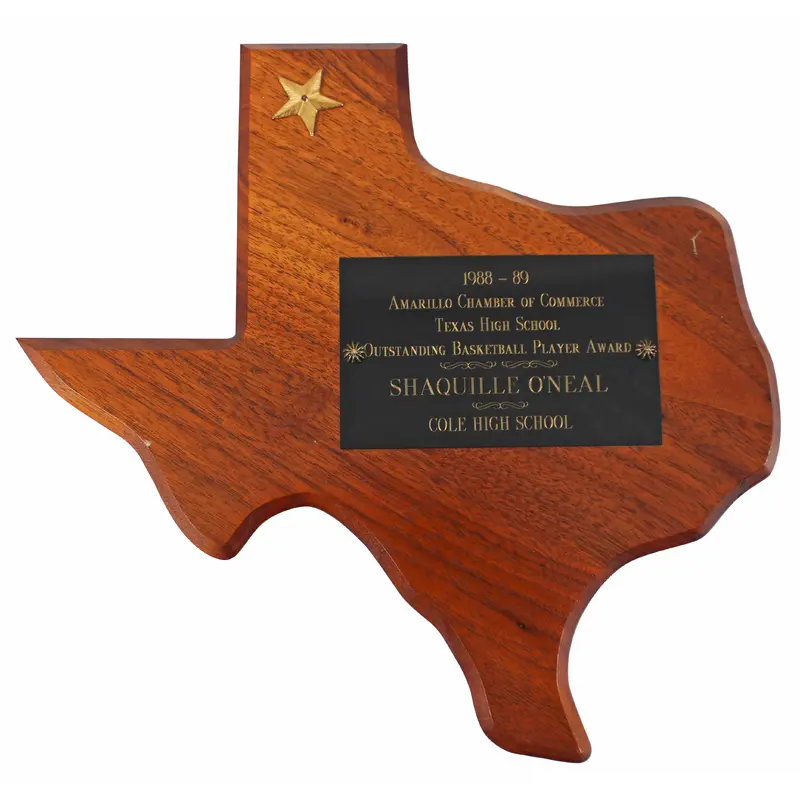 Shaquille O'Neal 1989 Texas HS Outstanding Basketball Player Award Plaque BAS W