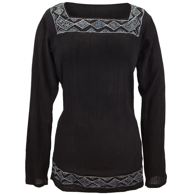 Blue & White Embriodery - Black Blouse