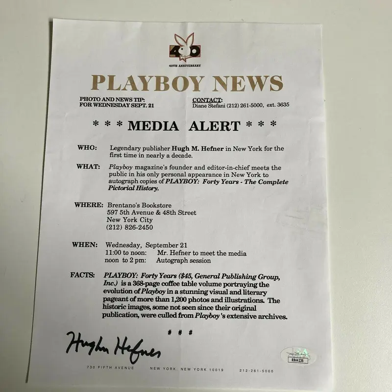 Hugh Hefner Signed Playboy News Media Alert New York City With JSA COA
